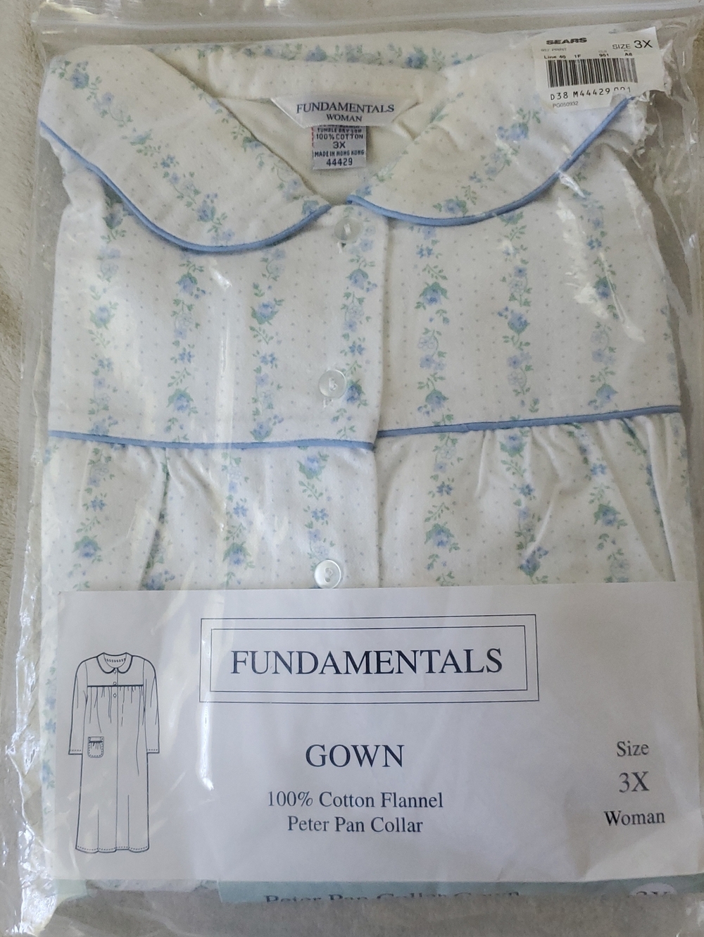 Sears Womans Flannel 3X White & Light Blue Floral Pajama Gown Vintage New